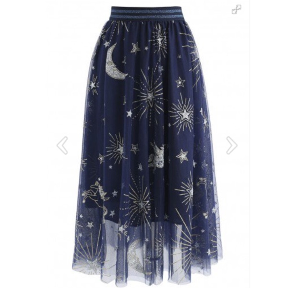 Stars Mesh Tulle Midi Skirt in Navy